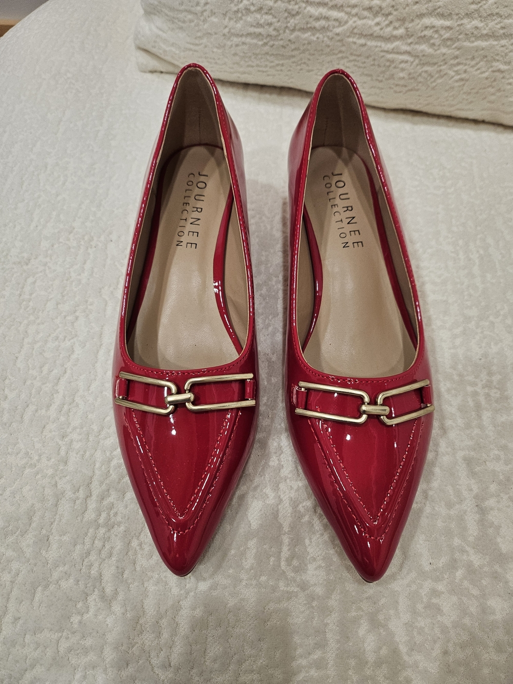 Journee Collection Red Patent Pointed-Toe Flats with Gold Buckle